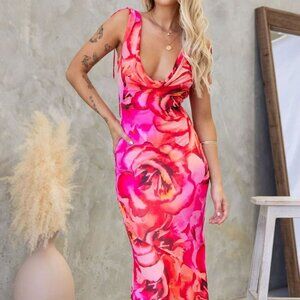 Tied Sleeveless Printed Maxi Dress | New Sheath Formal Dress w/ Cowl Neck